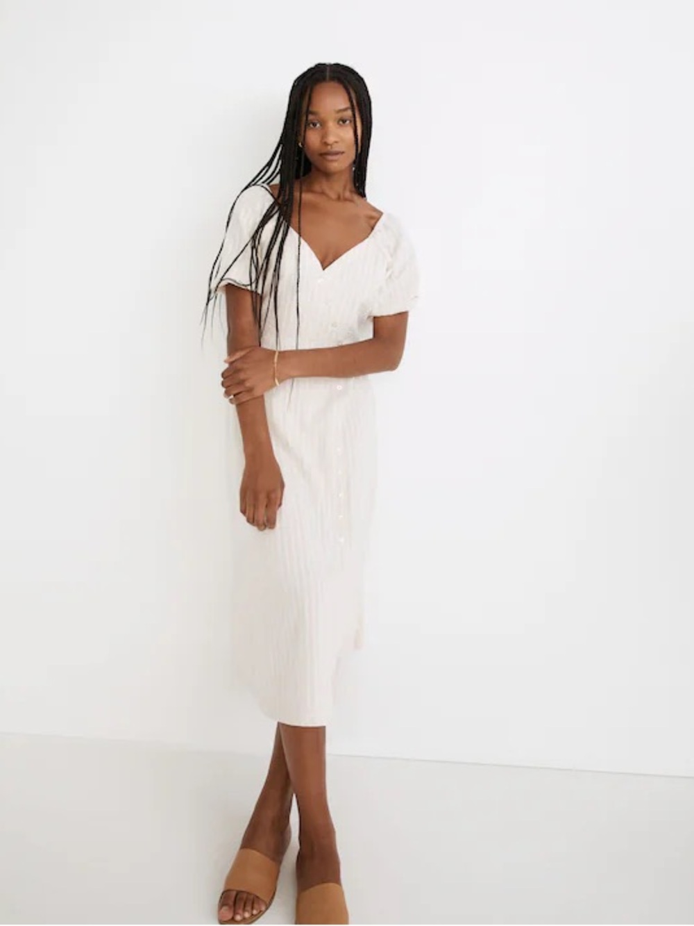Madewell Puff Sleeve Button Wrap Midi Dress Size 4 Undyed Stripe Linen